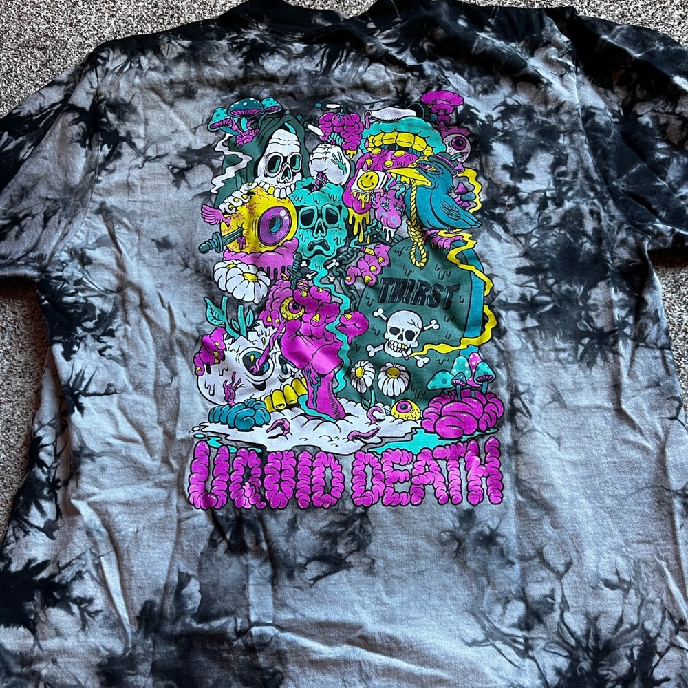 Liquid Death Graphic Tie-Dye Women's Top - Black and Gray